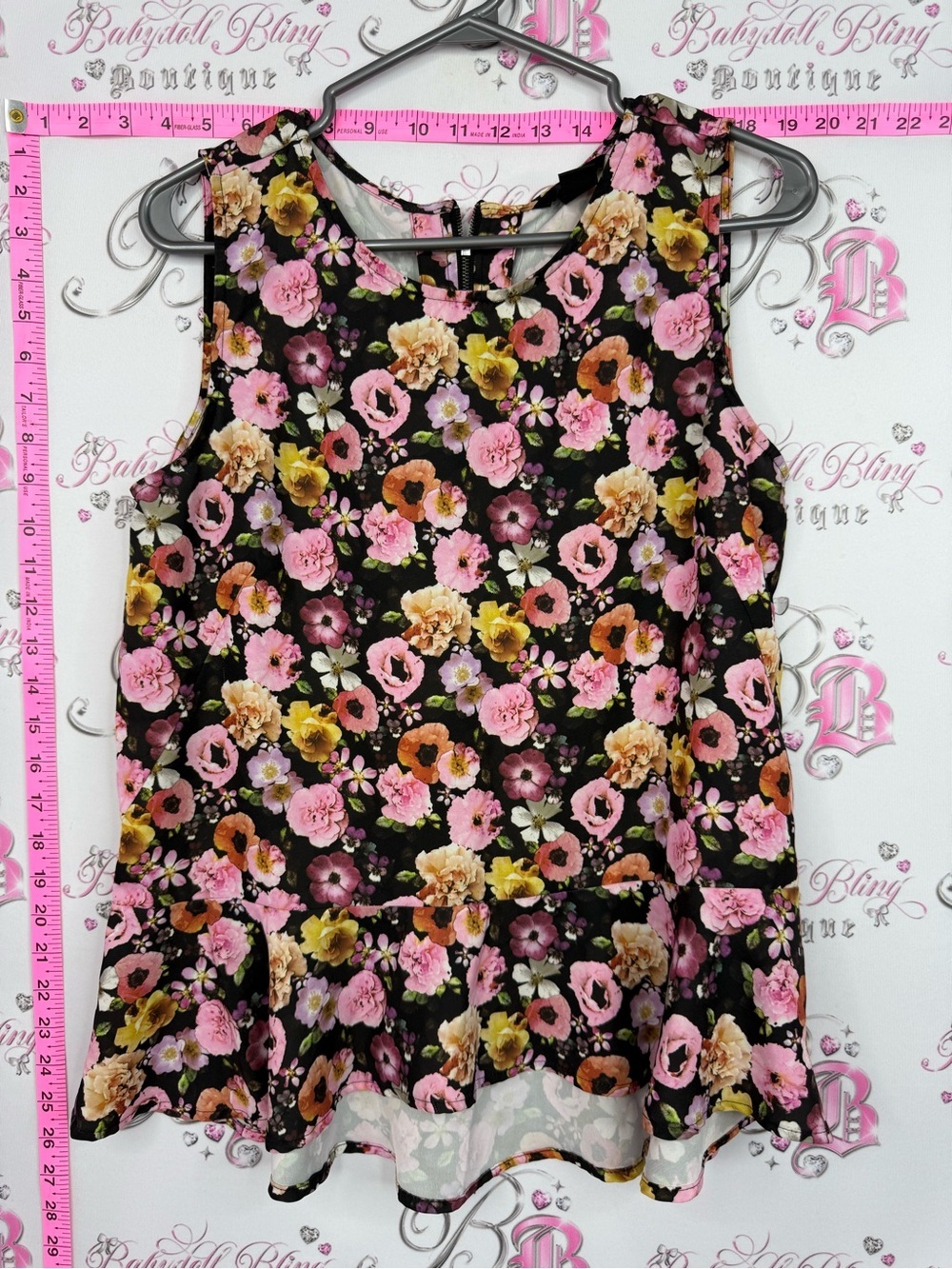H&M Black Floral Sleeveless Peplum Tunic with Pink & Yellow Flowers